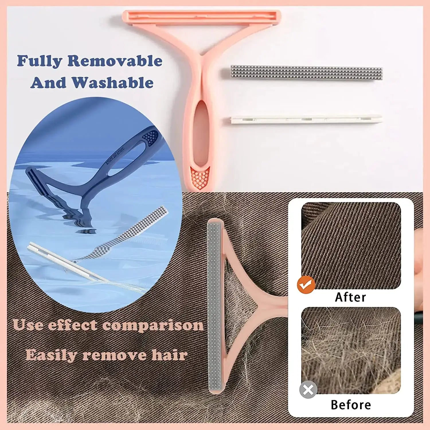 Simples Market silicone double-sided pet hair remover with pink handle; washable lint shaver for clothes