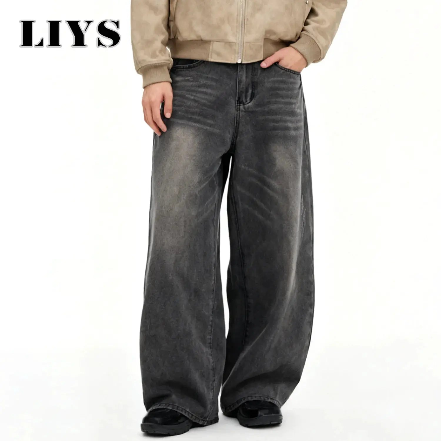 Men's gray baggy wide-leg denim jeans with a relaxed fit