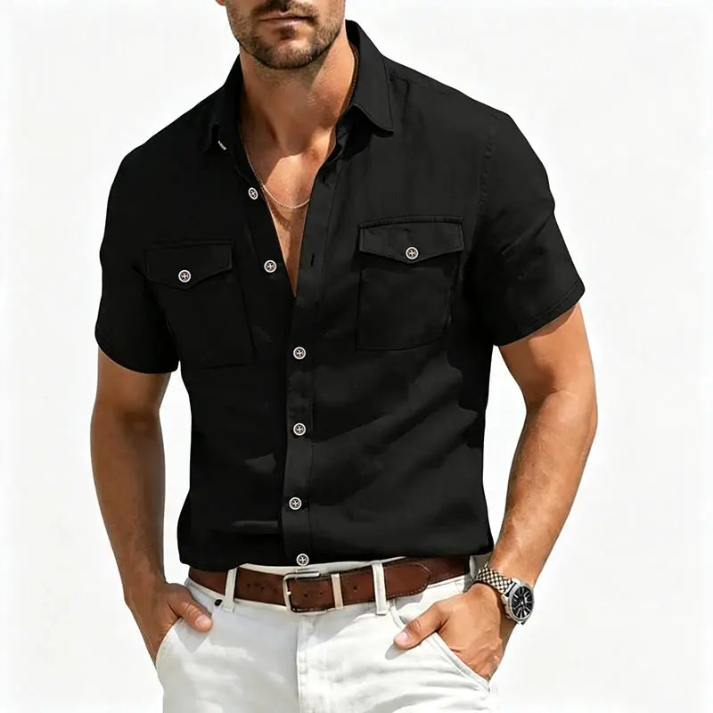 Men's black linen button-up short-sleeve summer-ready shirt with double chest pockets, lightweight and breathable