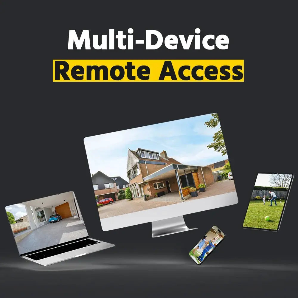 ANNKE NVR security video recorder with multi-device remote access shown on monitor, laptop, and mobile screens