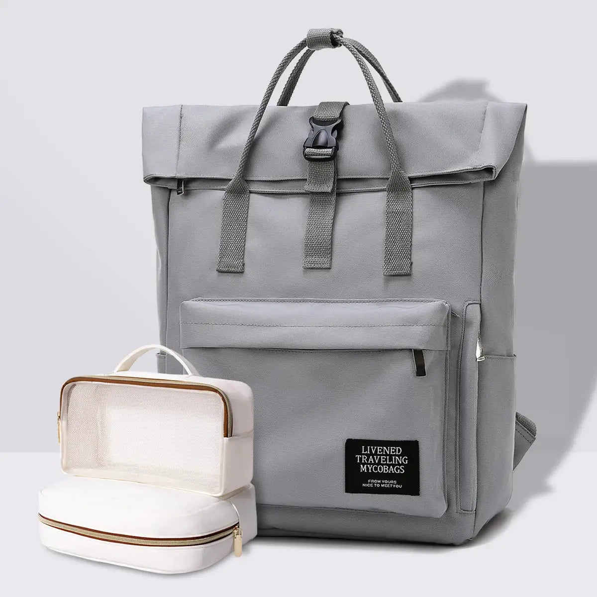 Simples Market gray large-capacity school backpack with front zip pocket and top buckle, includes beige lunch case.