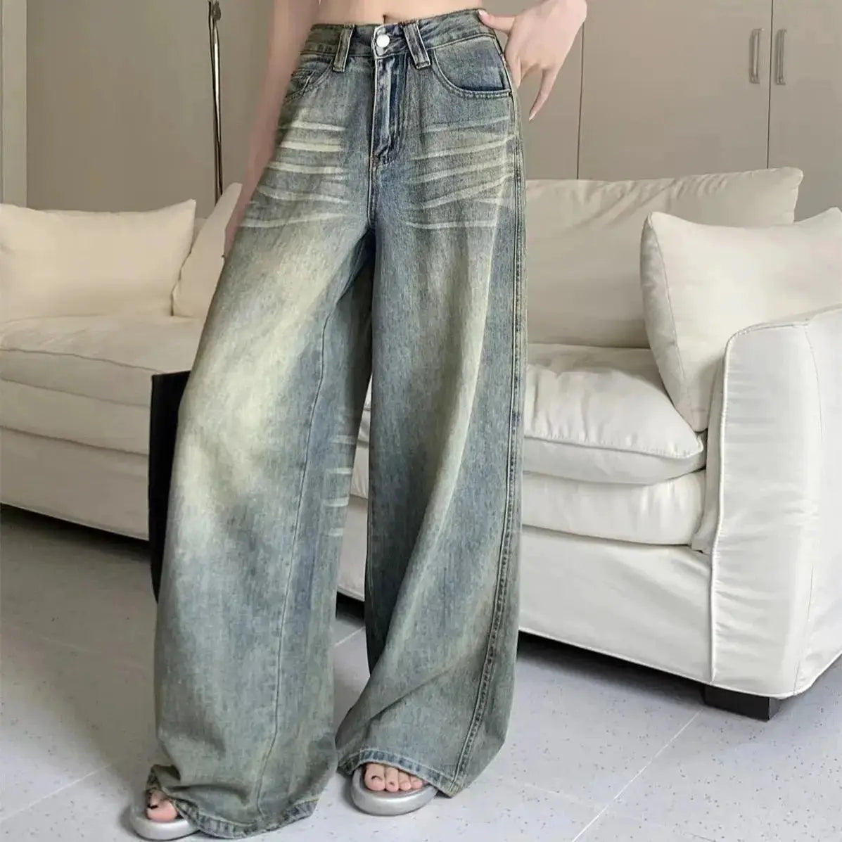 Y2K Loose Straight Leg Jeans Women Baggy Wide Fit High Waist Retro