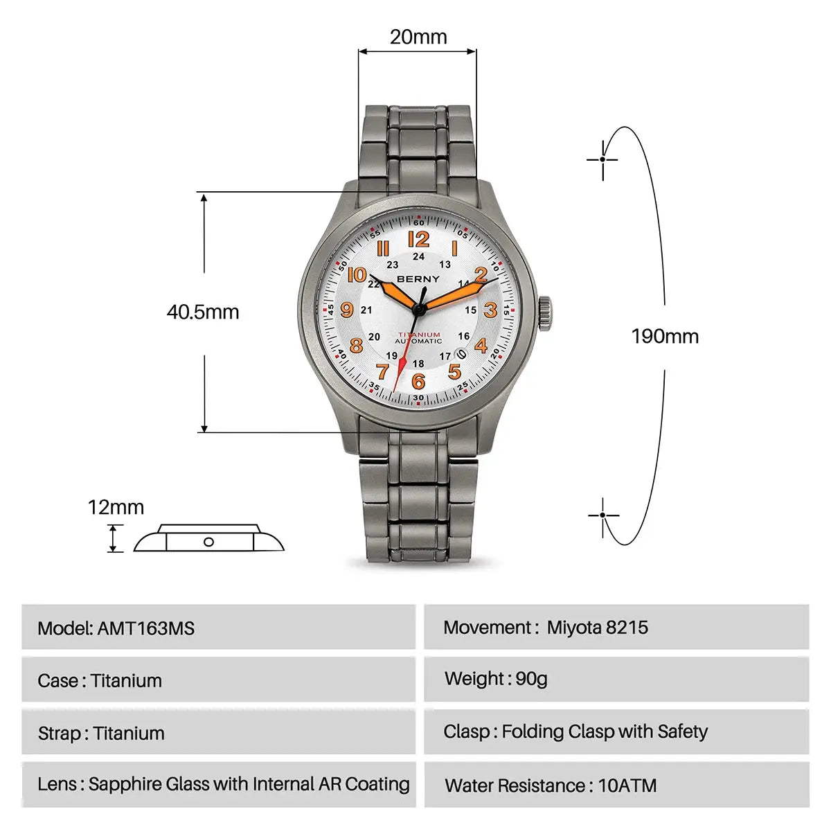 BERNY titanium automatic men's watch with sapphire glass