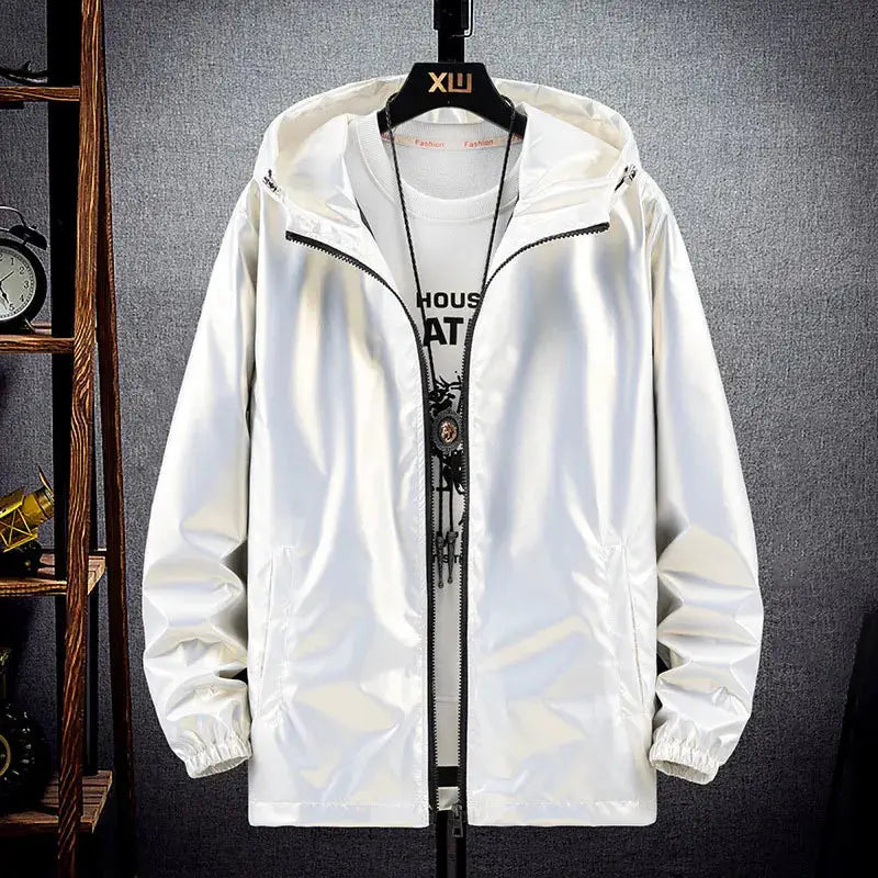 Men's shiny silver hooded bomber jacket with full zipper; lightweight waterproof windbreaker by Simples Market