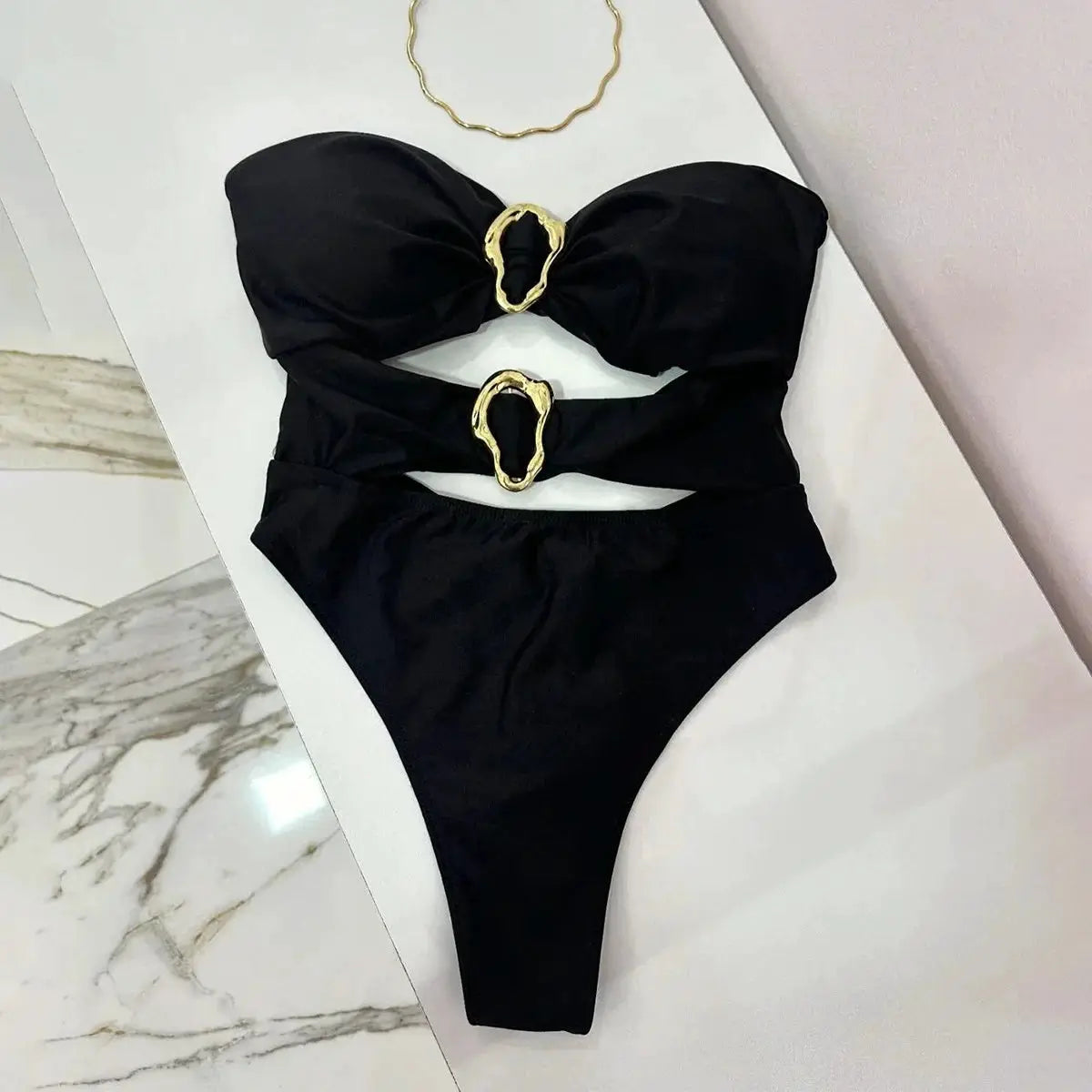 3 Colors Sexy Metal Rings Cut Out Women Neoprene Swimwear One Piece Bandeau High Leg Bathing Suit