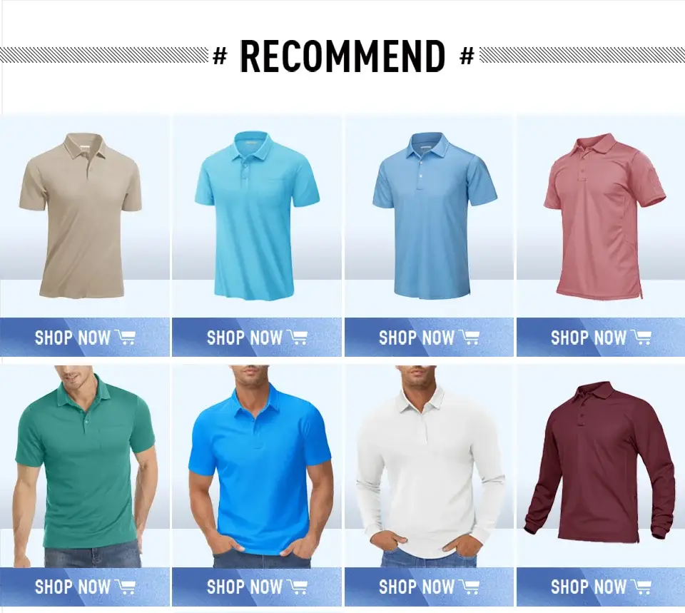 Eight men's polo shirts in assorted colors arranged in a 2x4 grid.