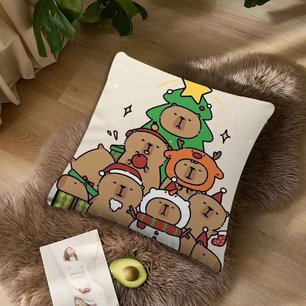 Capybara cartoon pillow case by Simples Market; white square cushion featuring festive capybaras in Christmas outfits.