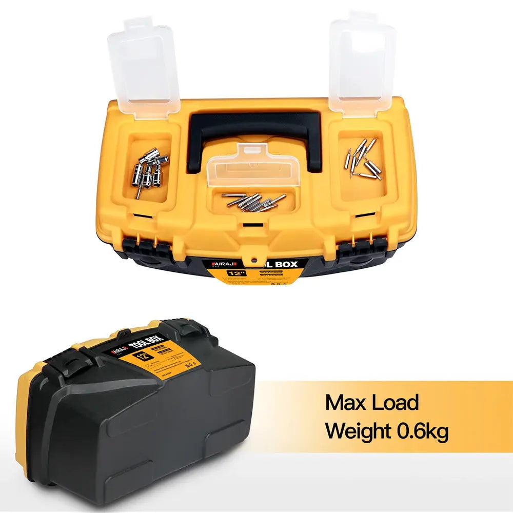 Airaj 12/15-inch yellow plastic hardware tool box with clear lids; includes metal bits; 2-piece set