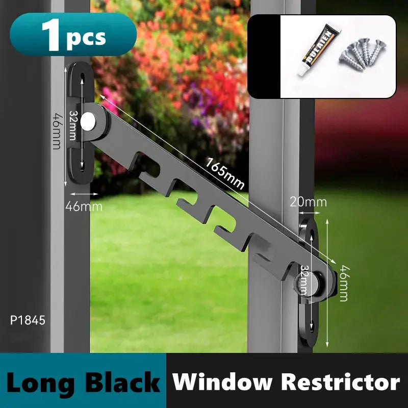 Long black window restrictor with adjustable latch hooks; 1 piece