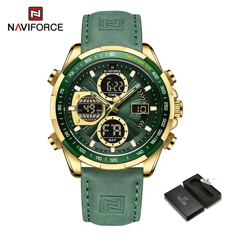 Naviforce men's chronograph wristwatch with green dial, gold-tone case and green leather strap; includes box