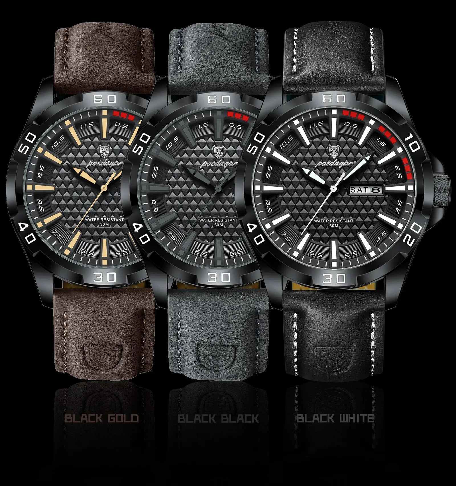 POEDAGAR men's wristwatch set of 3 with textured black dials and brown, gray and black leather straps