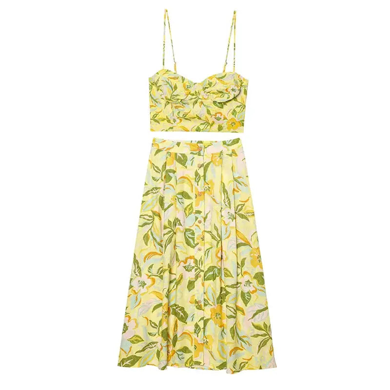 Floral Print Two Piece Set Women Crop Camisole A Line Skirt Beachwear
