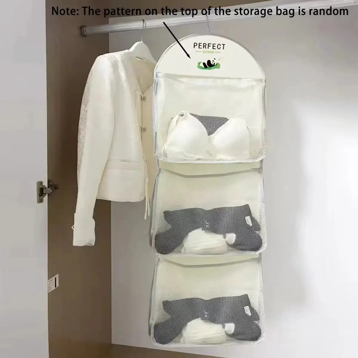 Mesh hanging storage bag with three transparent pockets for dorm wardrobe; holds underwear