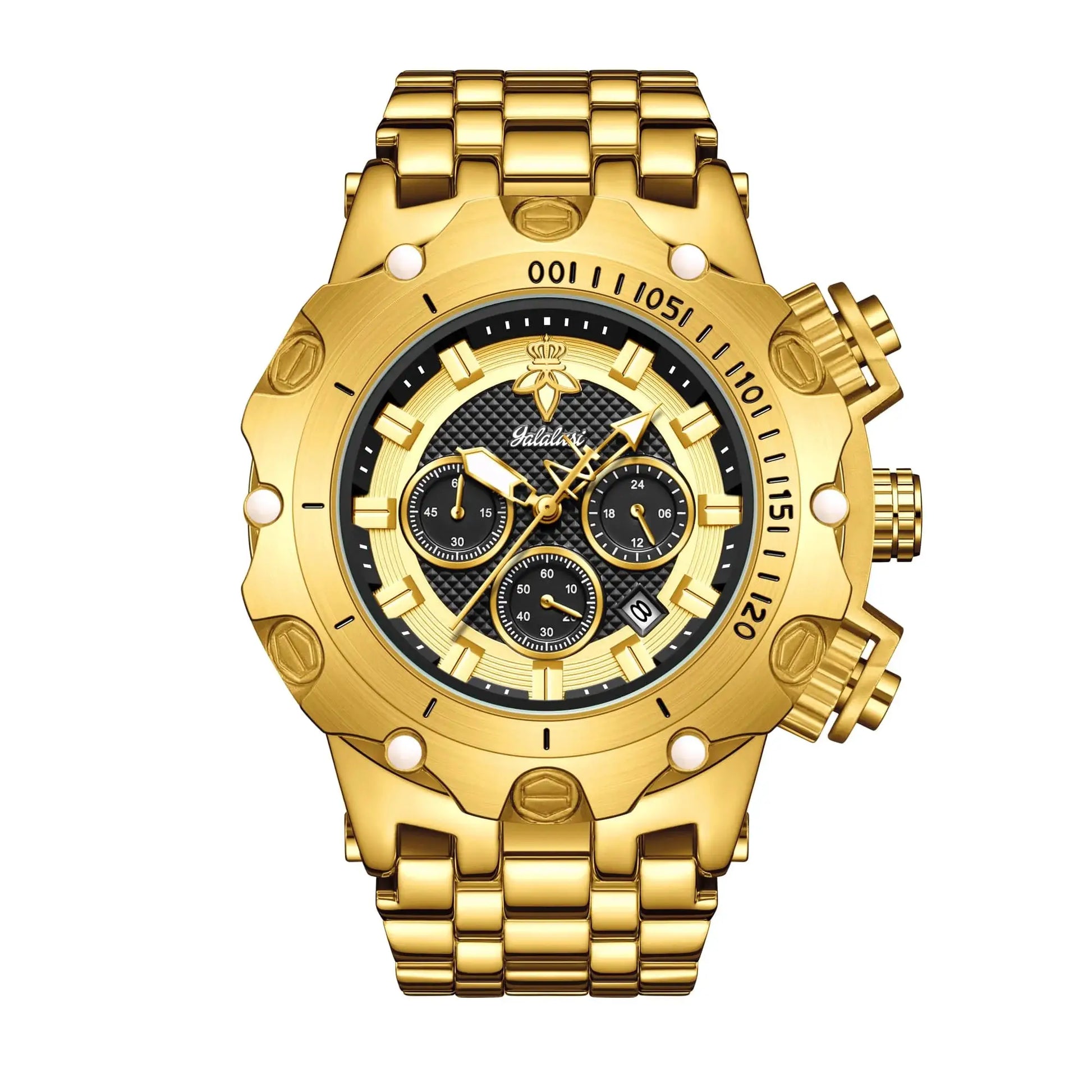 YaLaLuSi men's luxury watch with gold-tone bracelet and black chronograph dial