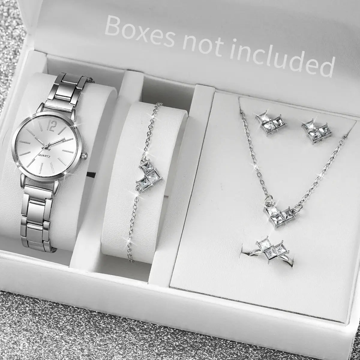 6pc Simples Market fashion women's quartz watch set with stainless steel band and crystal jewelry