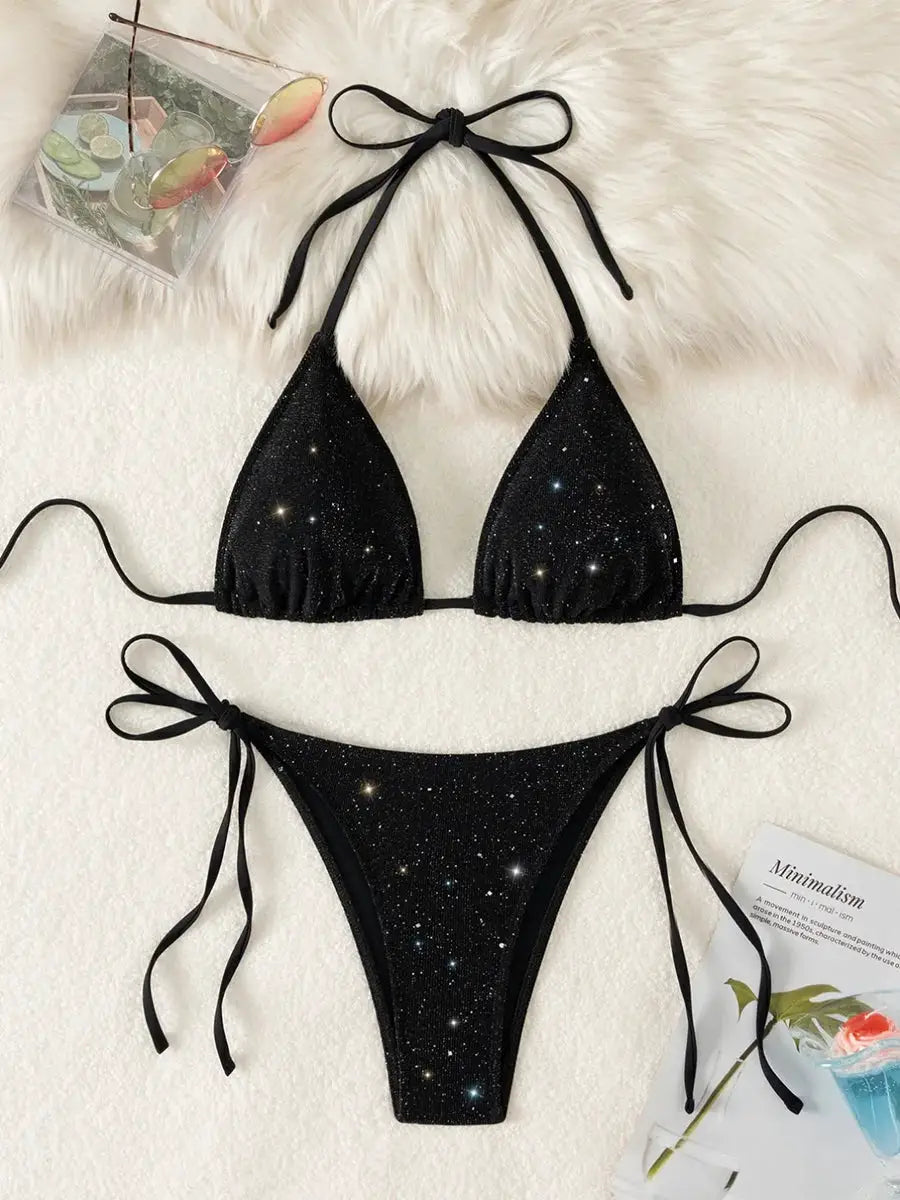 Shiny Halter Strappy Bikini Set High Cut Two Pieces Women Swimwear 2025 Bathing Suit