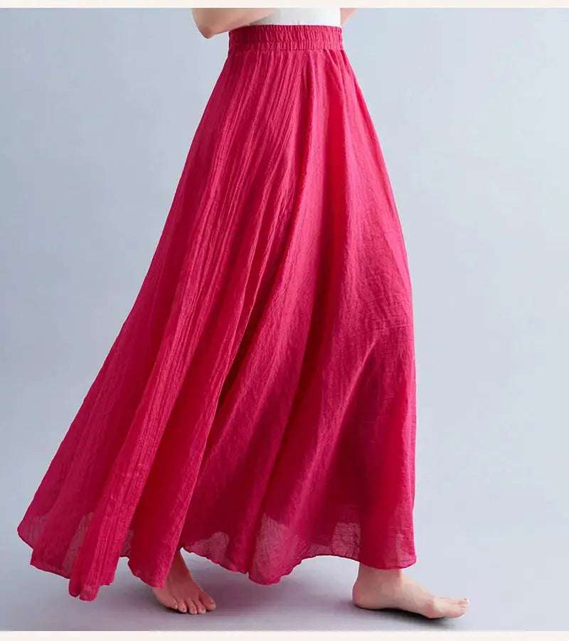 Mori girl long pink cotton-linen skirt with elastic waist, flowing A-line