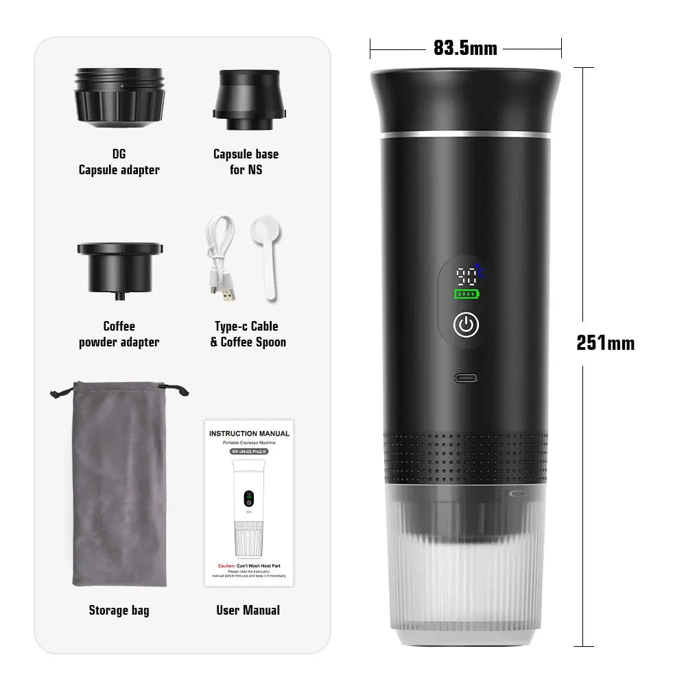 DENOKIN Wireless Electric Portable Espresso Coffee Machine for Car Home Camping 3 In 1 Capsule Powder Maker