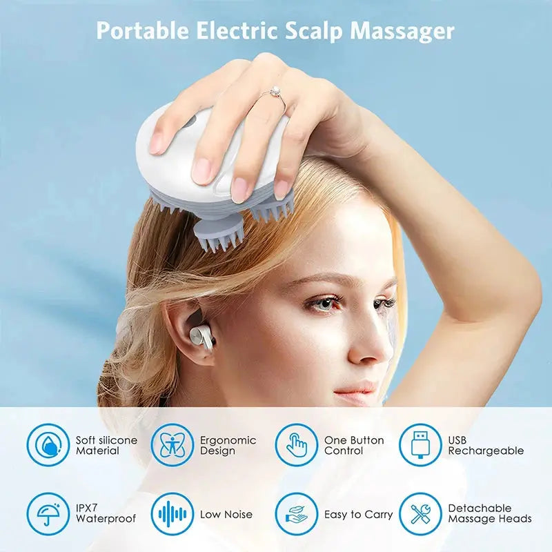 Portable electric scalp massager by Simples Market with detachable silicone heads, gray and white