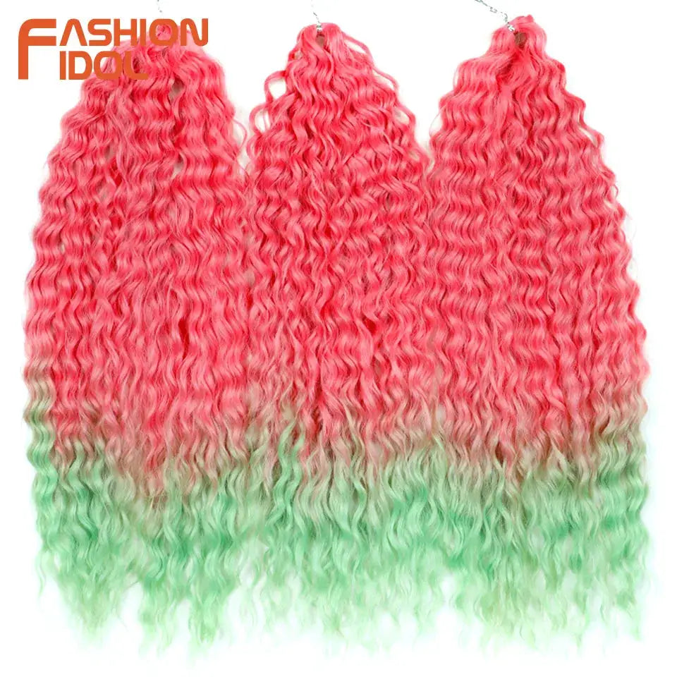 Fashion Idol 3 bundles 22in ariel curl water wave crochet hair extensions, pink-to-green ombre, synthetic