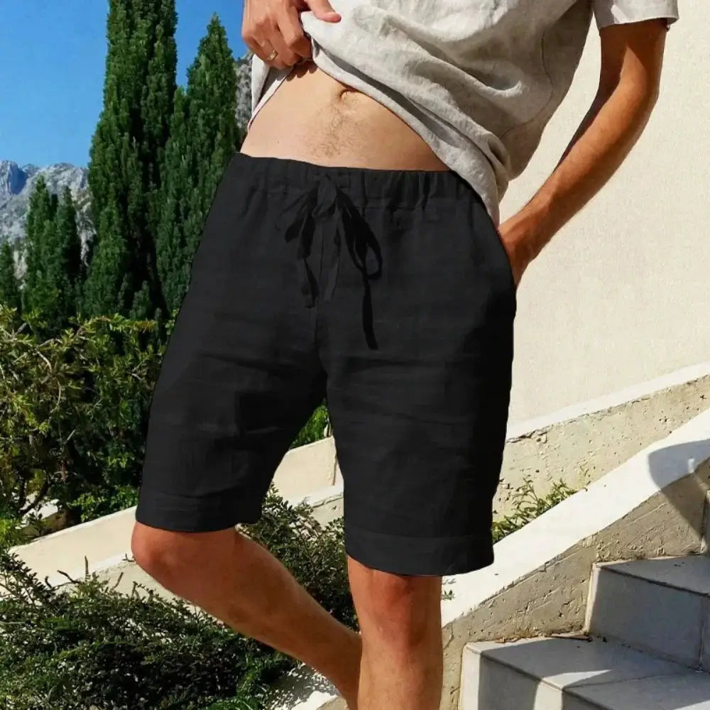 Men's cotton-linen breathable shorts, black, drawstring waist, knee-length streetwear