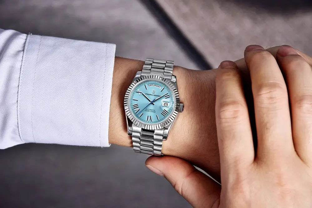 Men's Pagani Design stainless steel watch with blue dial and date window
