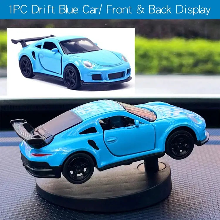 Drift car toy model, blue, by Simples Market, on display stand (front & back view)