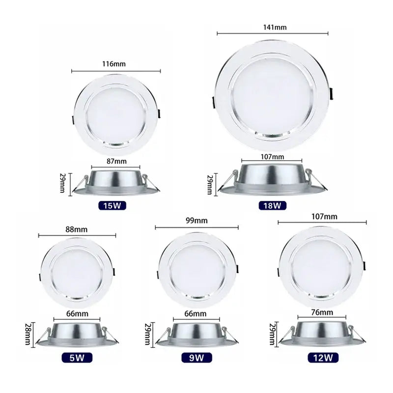 Simples Market LED recessed round downlight set - 5W, 9W, 12W, 15W, 18W variants for indoor ceilings, white finish