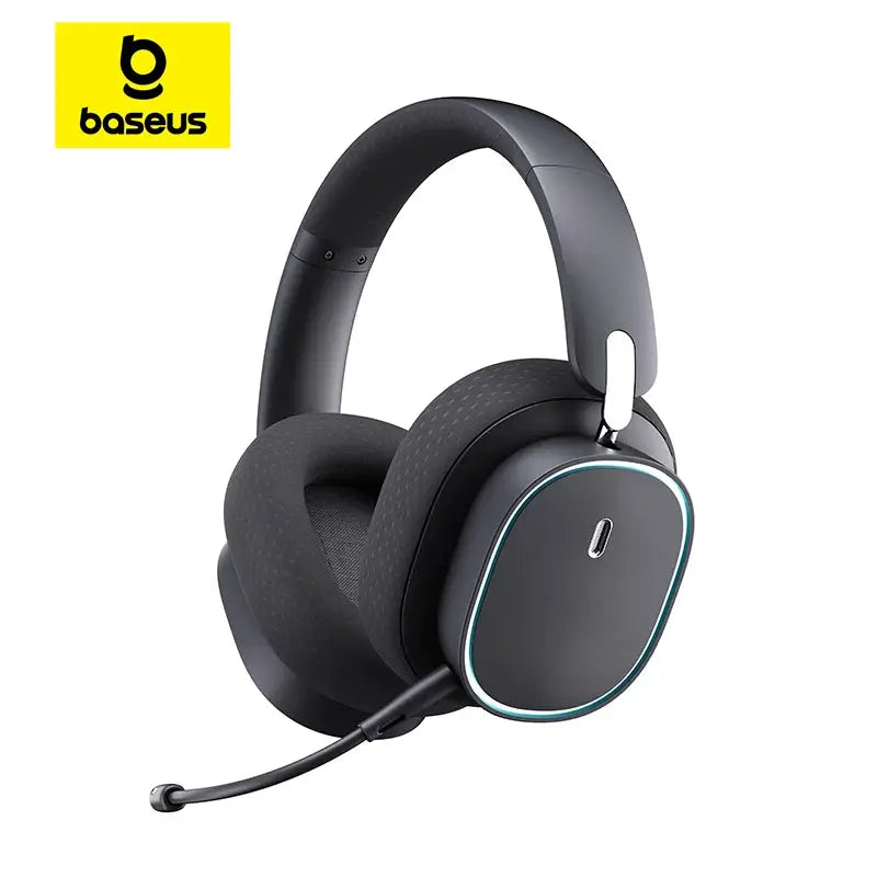 Baseus GH02 gaming wireless over-ear headset with mic, black with teal RGB edge glow