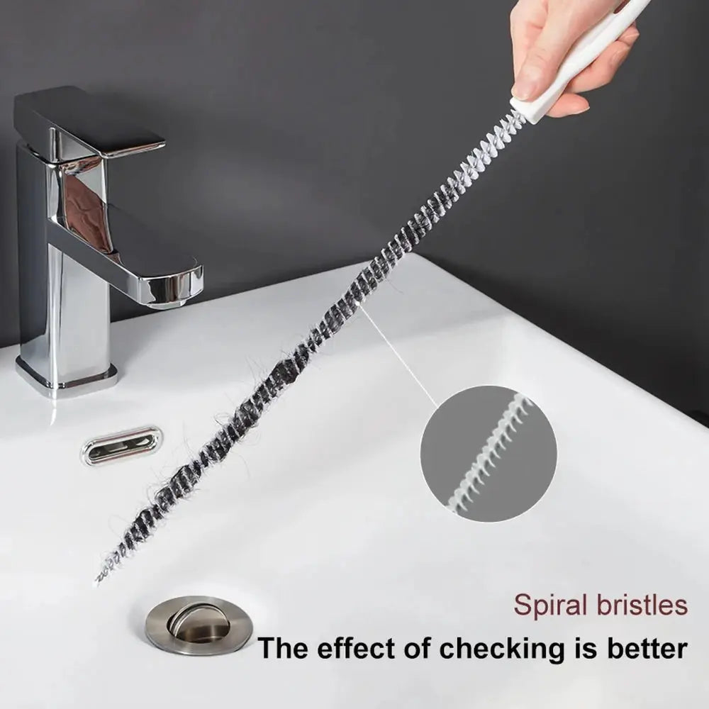 Pipe dredging brush with white handle and spiral bristles for bathroom drain cleaning