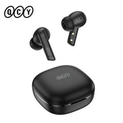 QCY HT05 ANC wireless earbuds in black with charging case, 2 earbuds shown.