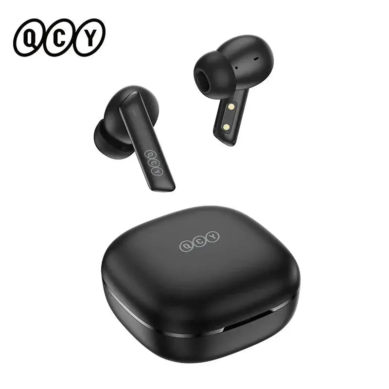 QCY HT05 ANC wireless earbuds in black with charging case, 2 earbuds shown.