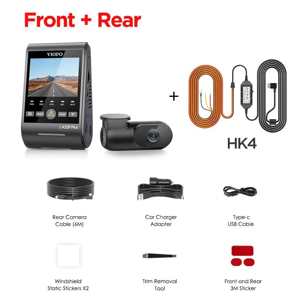 VIOFO A229 Plus dash cam kit with front and rear cameras, Sony Starvis 2 sensor, 2K HDR, GPS, 5GHz Wi-Fi