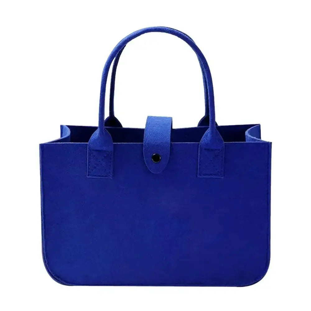 Blue felt mummy bag with two handles and front strap, large-capacity casual tote.