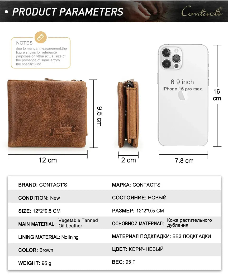 CONTACT'S brown Crazy Horse leather men's wallet with zip coin pocket and trifold design