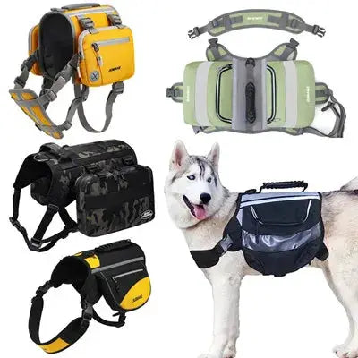 Set of five multi-color dog backpack and harnesses in yellow, camo, olive-green, gray, and blue, shown on a dog