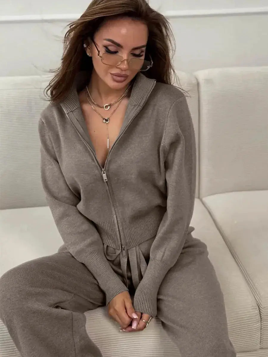 Bornladies Knit Zip Up Cropped Cardigan With Wide Leg Pants Set Women