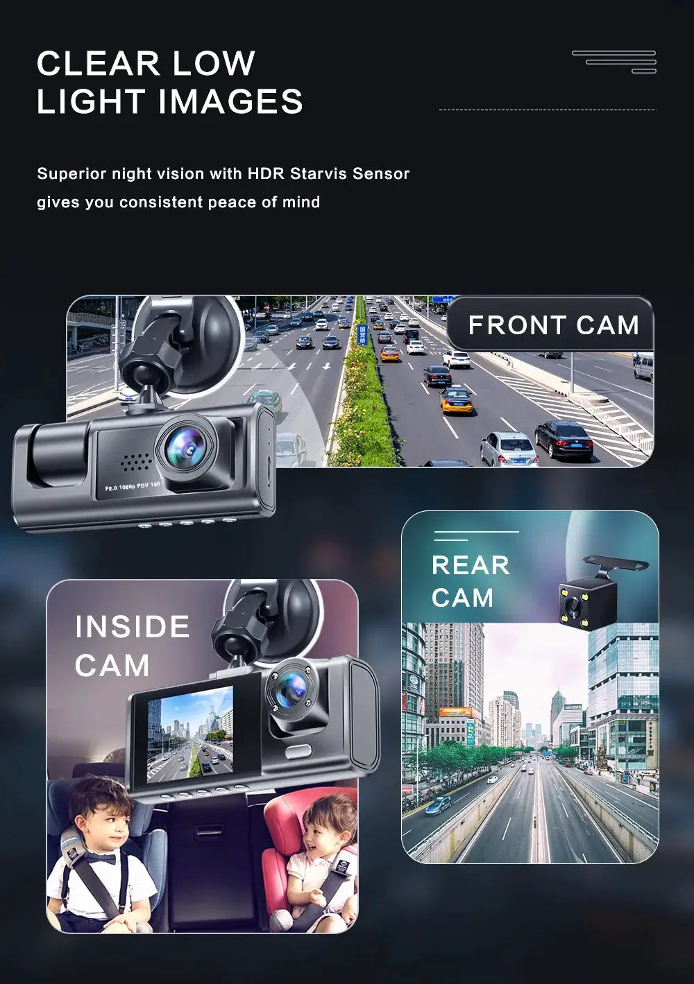 Simples Market 1080P dual dash cam for cars with front and inside cameras, IR night vision, loop recording, wide-angle