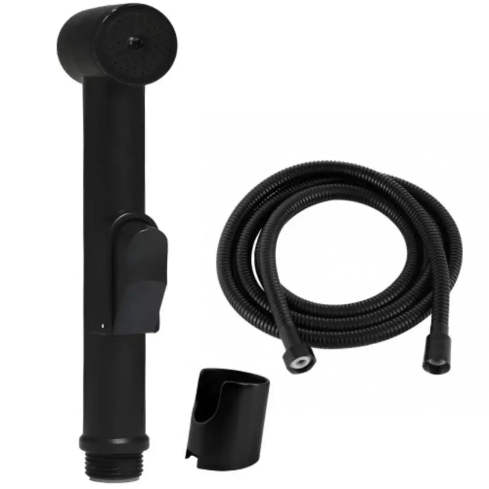 3-piece handheld bidet spray head kit with flexible hose and wall mount in black finish.
