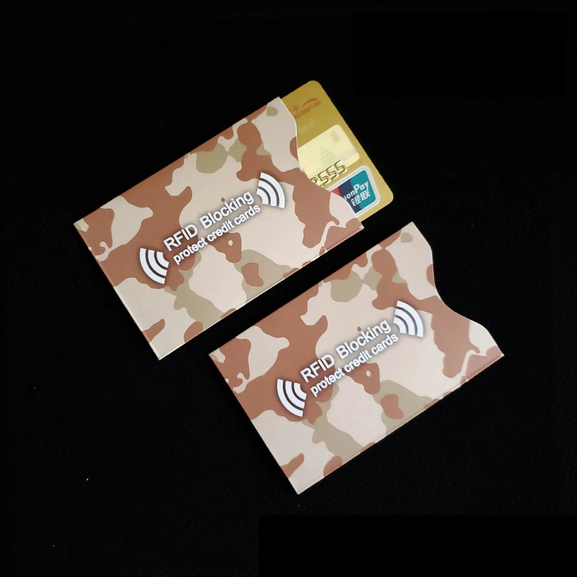 RFID blocking cards packaging in camo design with multiple cards partially visible