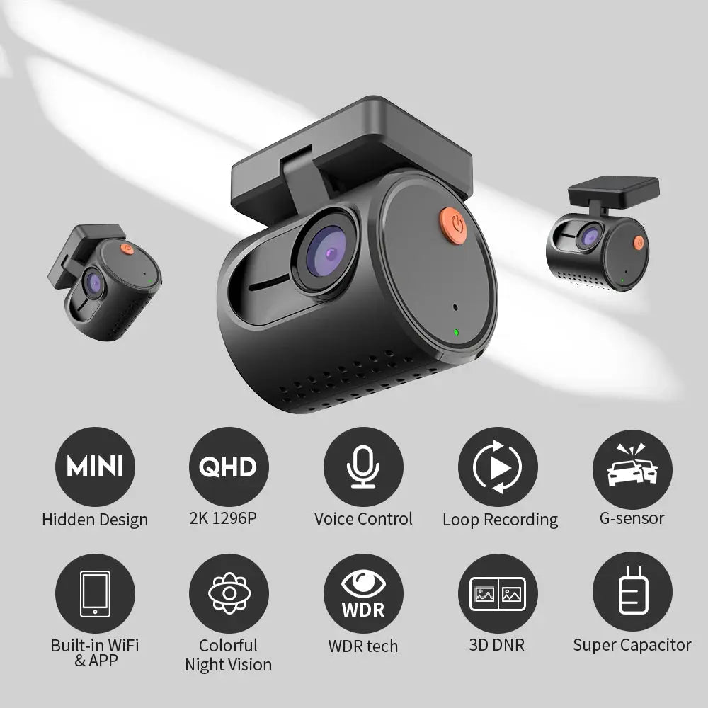 Three black mini 2K dash cams for cars with night vision and WiFi app support