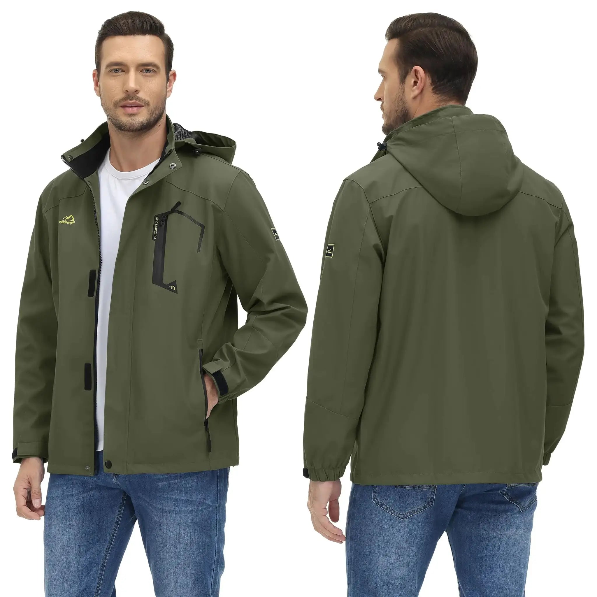 TACVASEN men's olive green waterproof rain jacket with mesh lining and hood; outdoor sport logo