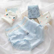 Cotton panties set by Simples Market, 4-pair in light-blue with bunny motif and lace trim