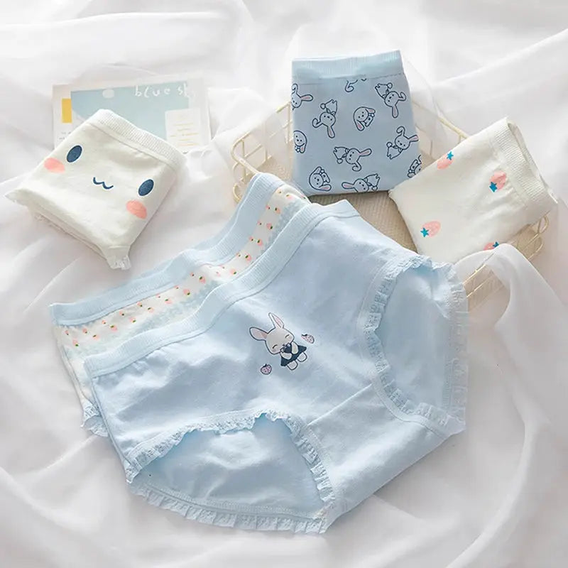 Cotton panties set by Simples Market, 4-pair in light-blue with bunny motif and lace trim