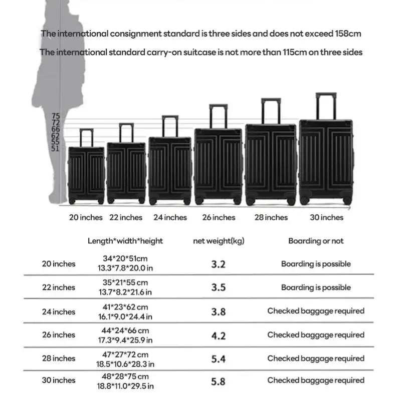 Simples Market travel luggage set of 6 aluminum-magnesium alloy rolling suitcases, black, 20–30 inch sizes