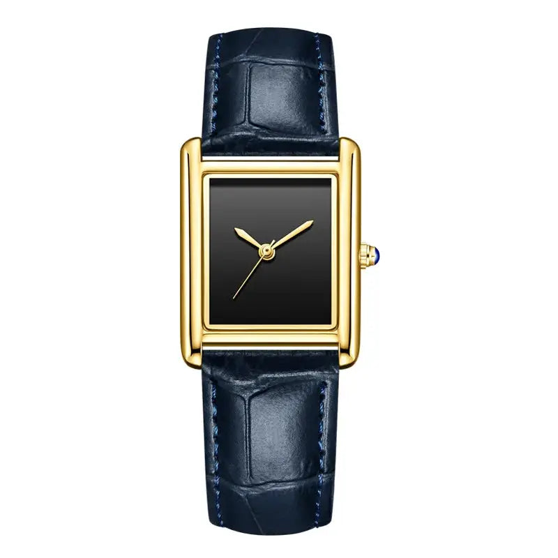 Rectangular gold-tone wristwatch with blue leather strap and black dial