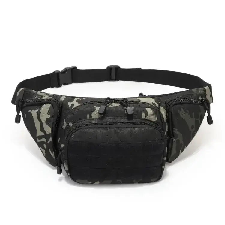 Tactical waist bag in camouflage with multiple zip pockets and adjustable strap