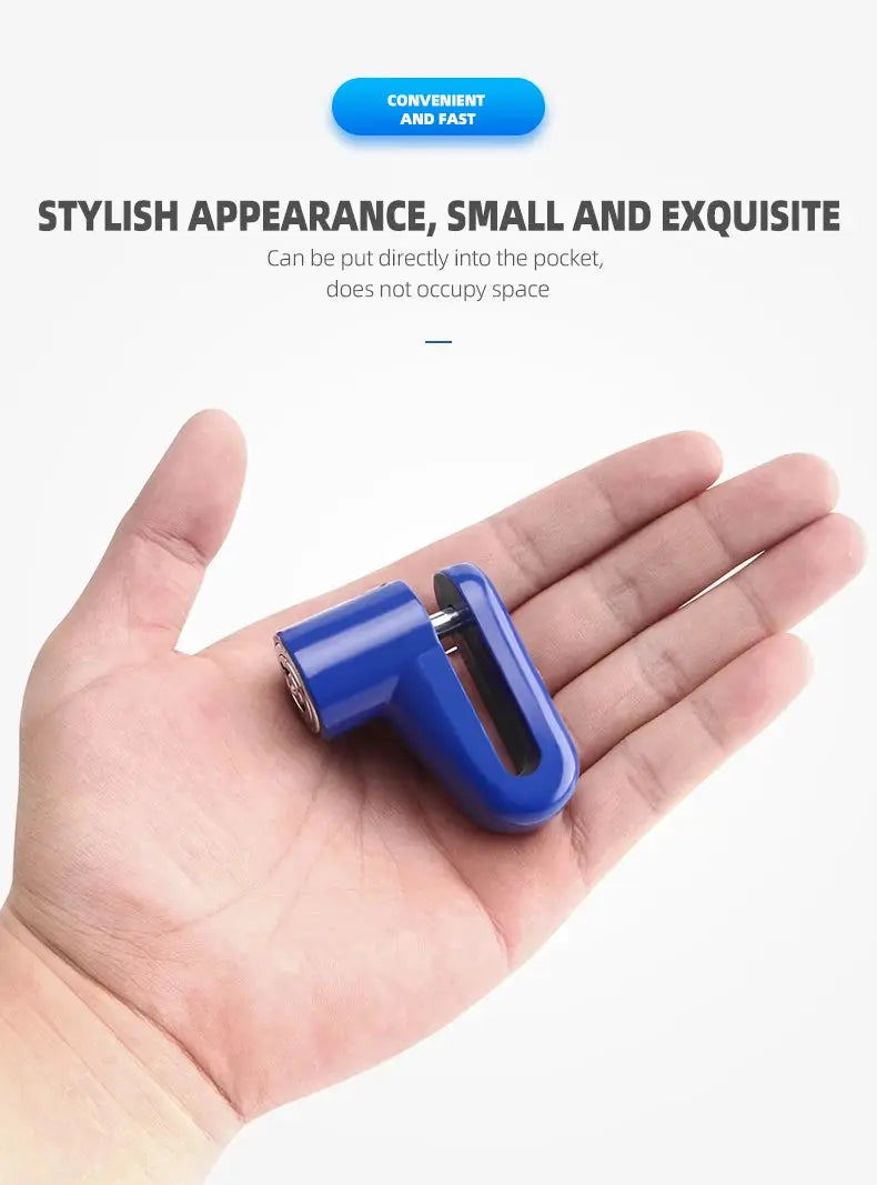 Motorcycle disc brake lock in blue held in palm, a compact anti-theft device for scooters and bikes