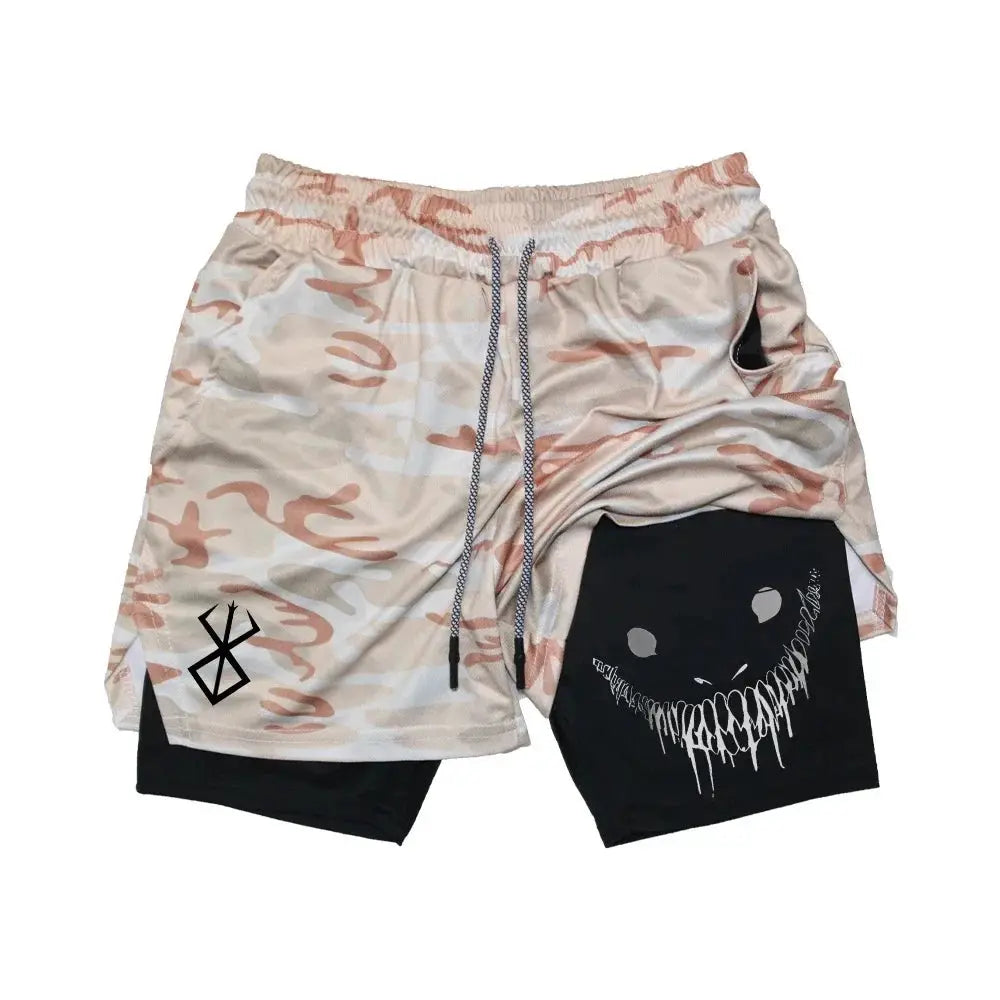2-in-1 men's running shorts by Simples Market, beige camo outer with black inner shorts, quick-dry drawstring waist