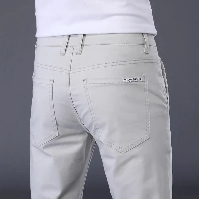 Simples Market men's cotton casual pants, light gray, elastic waist, straight slim fit with back pockets